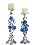 Set Of Two Silver and Blue Bling Tabletop Pillar Candle Holders