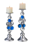 Set Of Two Silver and Blue Bling Tabletop Pillar Candle Holders