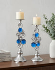 Set Of Two Silver and Blue Bling Tabletop Pillar Candle Holders