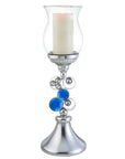 21" Silver and Blue Faux Crystal Bling Hurricane Candle Holder
