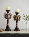 Set Of Two Bronze Tabletop Urn Shape Pillar Candle Holders