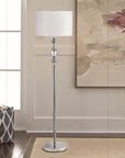 63" Chrome and Crystal Orb Shaped Floor Lamp With White Drum Shade
