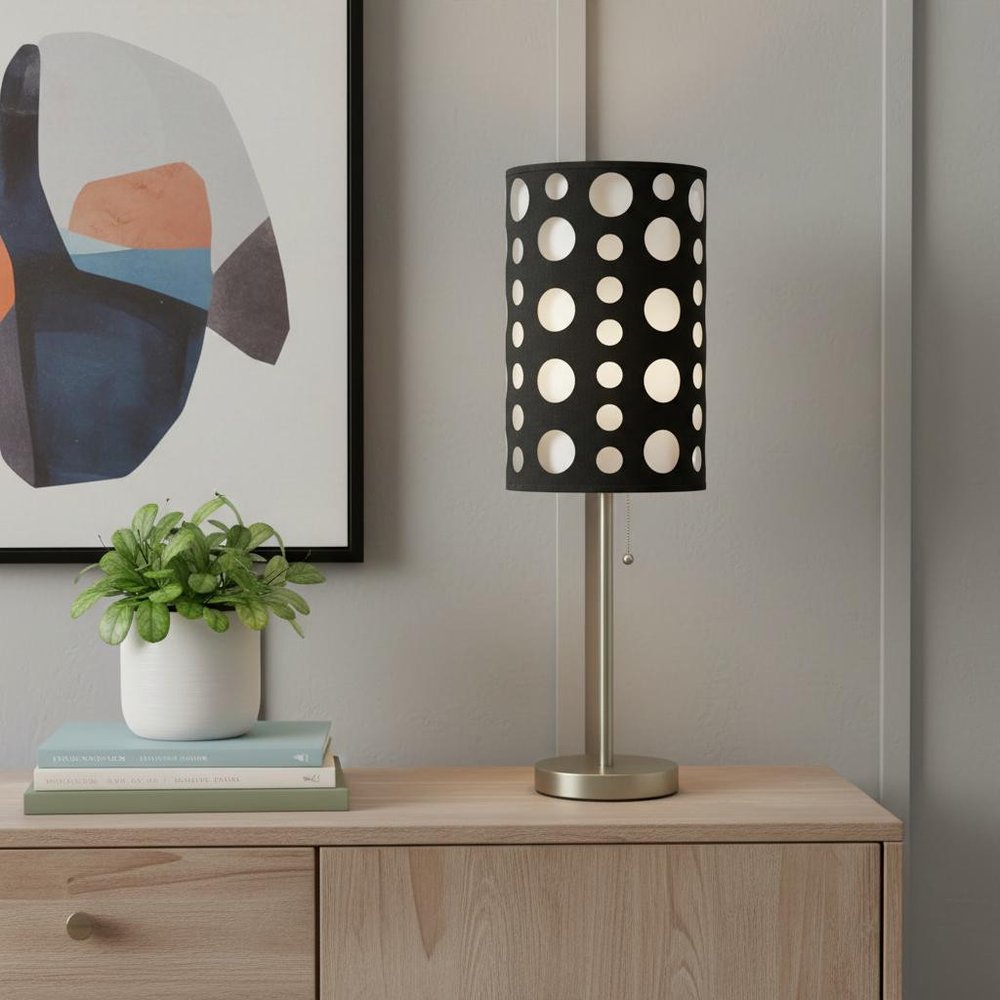 33" Steel Mod Table Lamp With Black And Red Drum Shade