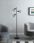 66" Black Metal Three Light Tree Floor Lamp With Black Metal Cage Shade