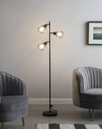 66" Black Metal Three Light Tree Floor Lamp With Black Metal Cage Shade
