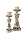Set of 2 Beige And Brown Vintage Pillar Tabletop Candle Holders