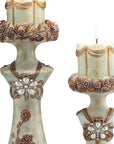 Set of 2 Beige And Brown Vintage Pillar Tabletop Candle Holders