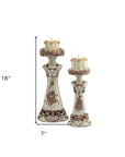 Set of 2 Beige And Brown Vintage Pillar Tabletop Candle Holders
