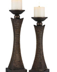 Set of Two Bronze Polyresin Woven Tabletop Pillar Candle Holders With Candle