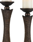 Set of Two Bronze Polyresin Woven Tabletop Pillar Candle Holders With Candle