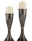 Set of Two Black Silver and Bronze Polyresin Abstract Centerpiece Pillar Candle Holders With Candle