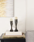 Set of Two Black Silver and Bronze Polyresin Abstract Centerpiece Pillar Candle Holders With Candle