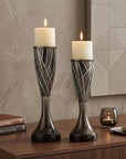 Set of Two Black Silver and Bronze Polyresin Abstract Centerpiece Pillar Candle Holders With Candle