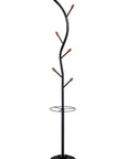 76-Inch-Long Billie Black Tree Coat Rack Walnut Hooks w Umbrella Stand