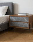 Mid Century Walnut and Gray Faux Marble Two Drawer Nightstand