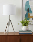 34" Silver Metal Adjustable Tripod Table Lamp With White Round Shade