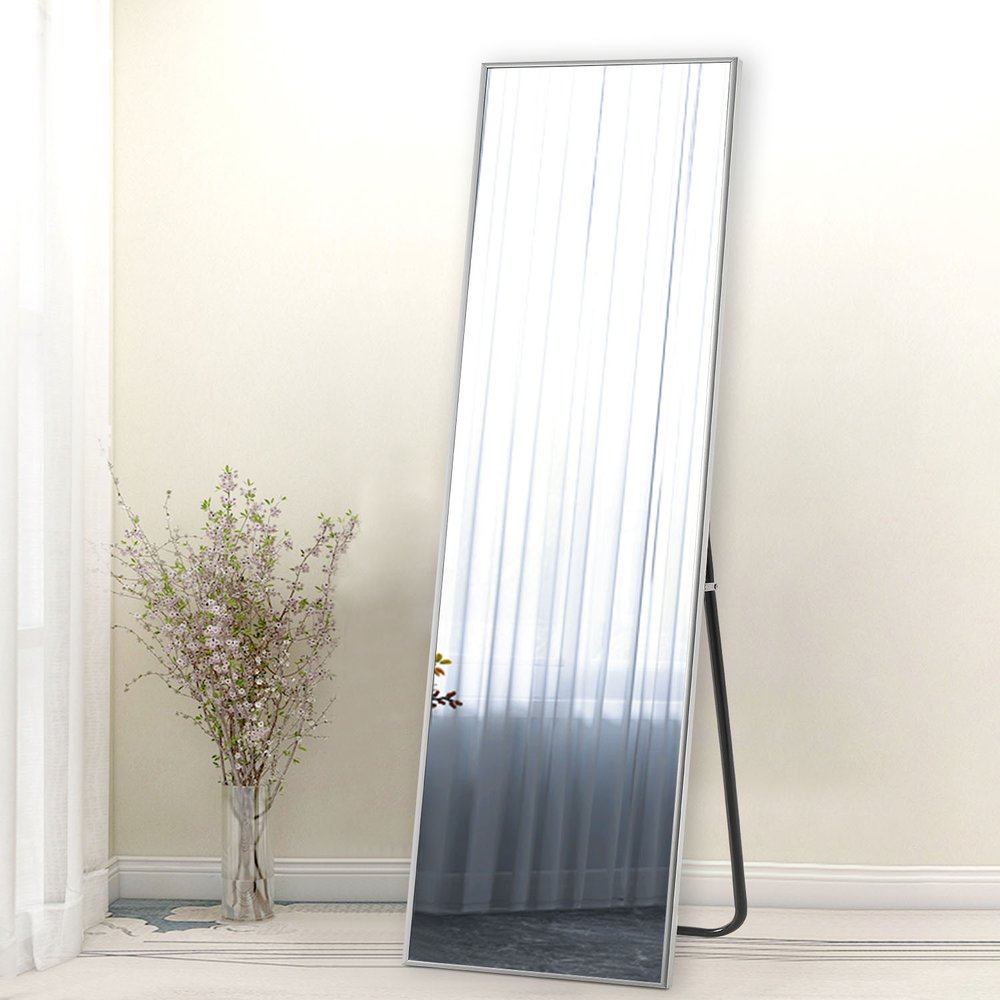 64" X 21" Gray Aluminum Wall Mounted And Freestanding Framed Full Length Mirror