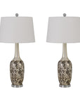 Set Of Two 30" Silver Metal Two Light Bedside Table Lamps With White Globe Shade
