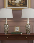 Set Of Two 30" Silver Metal Two Light Bedside Table Lamps With White Globe Shade