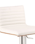 White And Silver Fabric And Faux Leather And Iron Low Back Adjustable Height Swivel Bar Chair