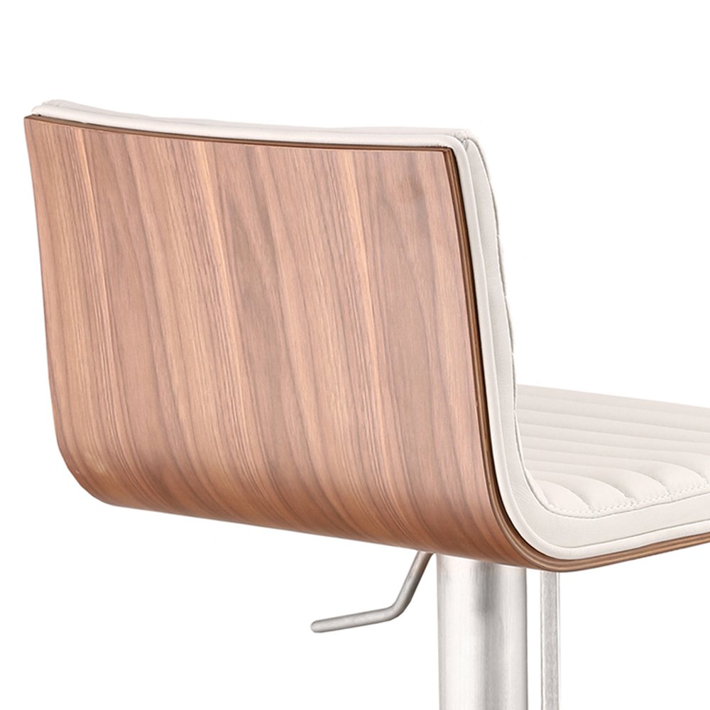 White And Silver Fabric And Faux Leather And Iron Low Back Adjustable Height Swivel Bar Chair
