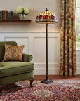 62" Brown Two Light Traditional Shaped Floor Lamp With Red Flowers Stained Glass Dome Shade