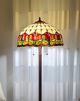 62" Brown Two Light Traditional Shaped Floor Lamp With Red Flowers Stained Glass Dome Shade