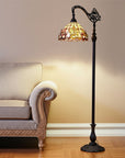 62" Brown Metal Arched Floor Lamp With Amber and Red Flowers Stained Glass Shade