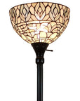 62" Brown And White Torchiere Floor Lamp With White Peacock Feather Glass Dome Shade
