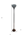 62" Brown And White Torchiere Floor Lamp With White Peacock Feather Glass Dome Shade