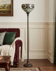 62" Beige Torchiere Floor Lamp With Red And White Flowers Glass Dome Shade