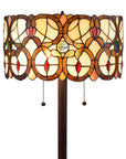 63" Beige Metal Two Light Torchiere Floor Lamp With Red And White Flowers Glass Drum Shade