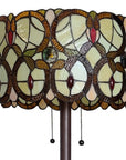 63" Beige Metal Two Light Torchiere Floor Lamp With Red And White Flowers Glass Drum Shade