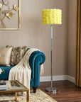 63" Steel and Acrylic Floor Lamp With Yellow Flowers Fabric Drum Shade