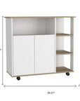 39" Oak and White Wood Rolling Kitchen Island With Storage