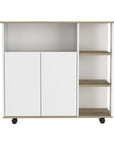 39" Oak and White Wood Rolling Kitchen Island With Storage