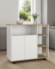 39" Oak and White Wood Rolling Kitchen Island With Storage
