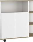 39" Oak and White Wood Rolling Kitchen Island With Storage