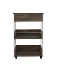 23" Dark Brown and White Wood Rolling Kitchen Cart With Storage