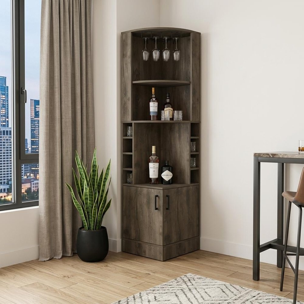 18" Dark Brown Wood Corner Bar Cabinet With Two Doors