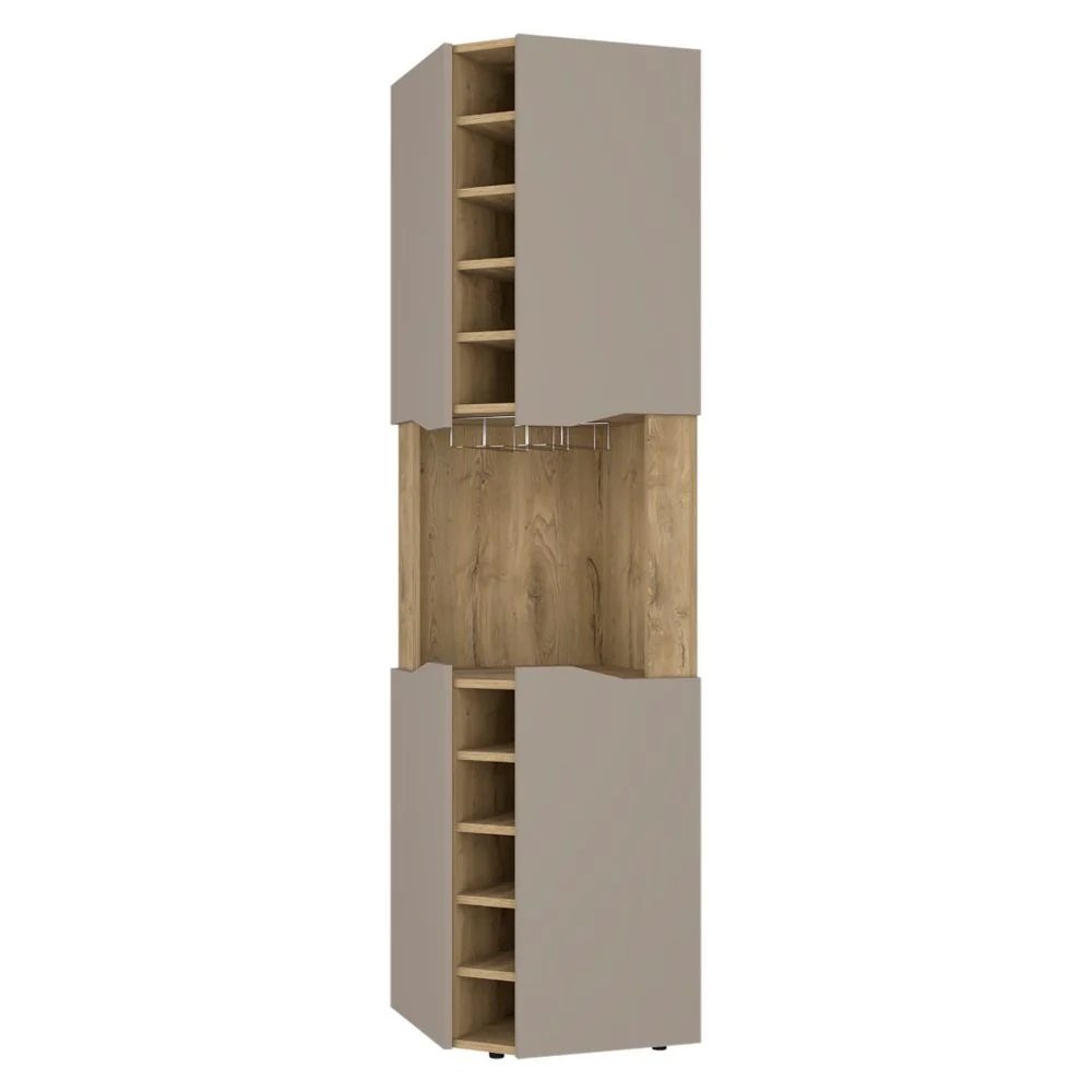 72" Brown and Taupe Wood Corner Bar Cabinet With Four Doors