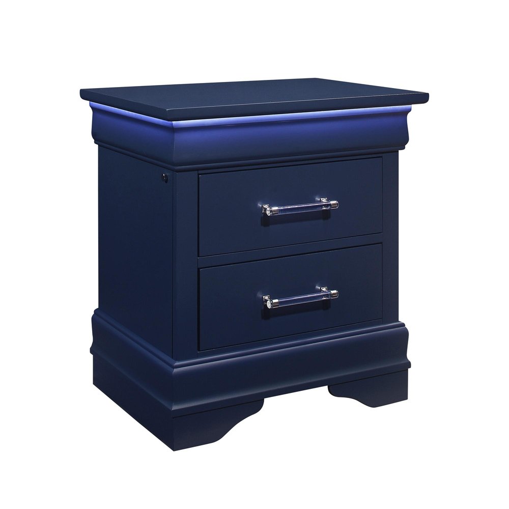 24" Blue Wood Lighted Two Drawer Nightstand