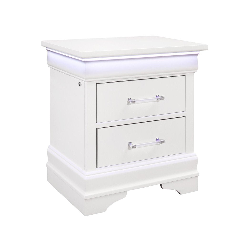 24" White Wood Lighted Two Drawer Nightstand