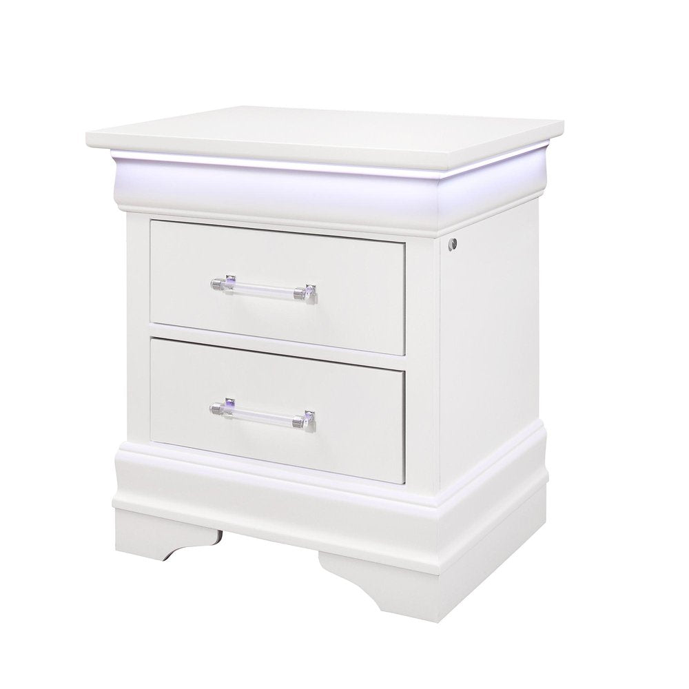 24" White Wood Lighted Two Drawer Nightstand