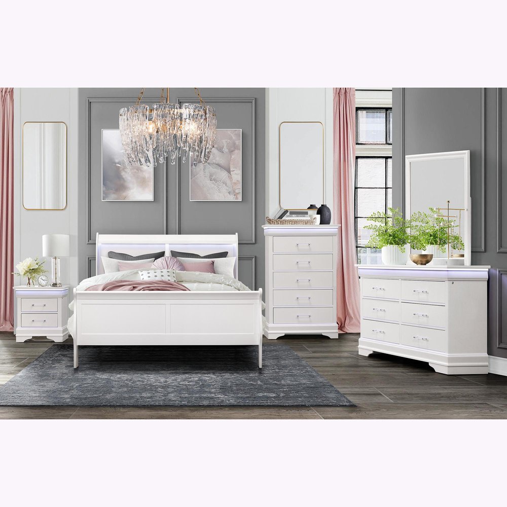 24" White Wood Lighted Two Drawer Nightstand
