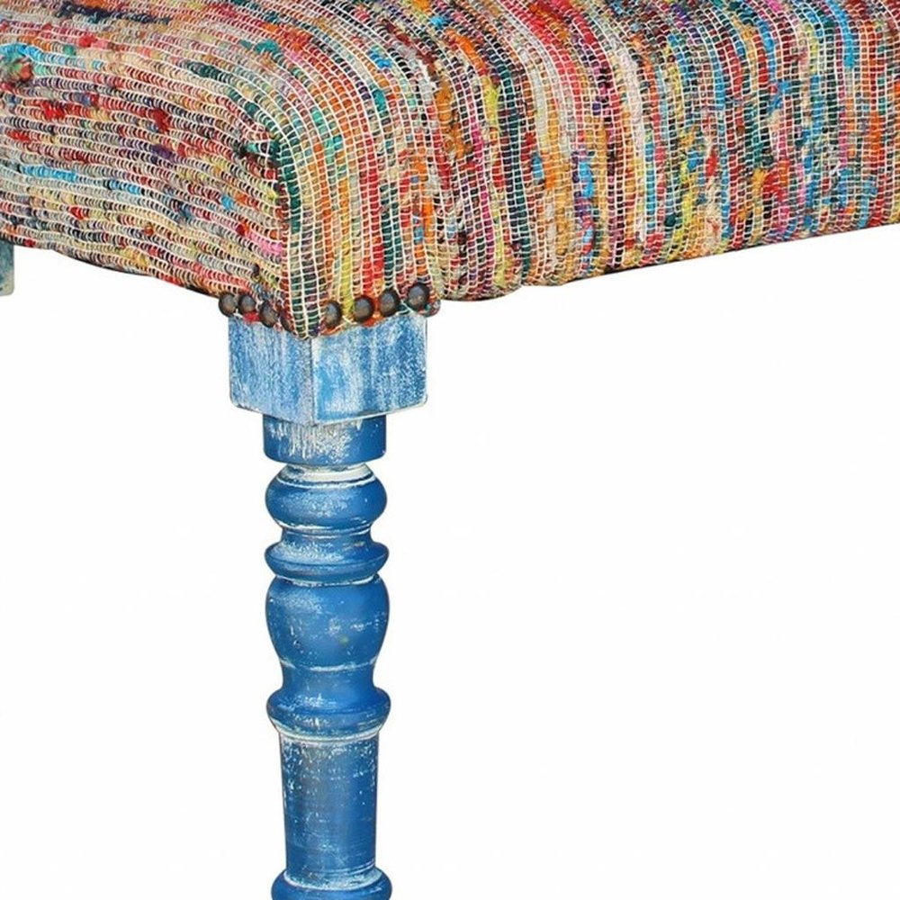47" Blue and Orange Fabric And Viscose and Solid Wood Upholstered Distressed Bench