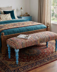 47" Blue and Orange Fabric And Viscose and Solid Wood Upholstered Distressed Bench