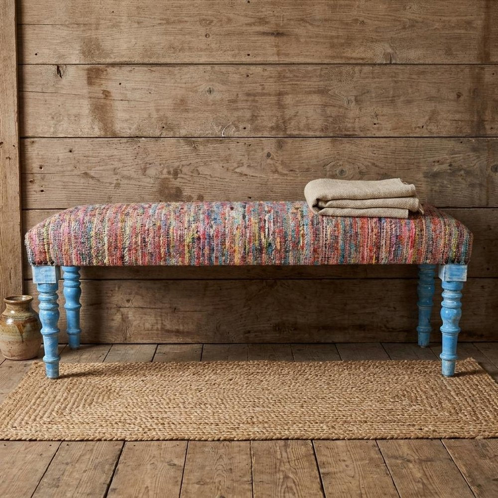 47" Blue and Orange Fabric And Viscose and Solid Wood Upholstered Distressed Bench