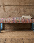 47" Blue and Orange Fabric And Viscose and Solid Wood Upholstered Distressed Bench