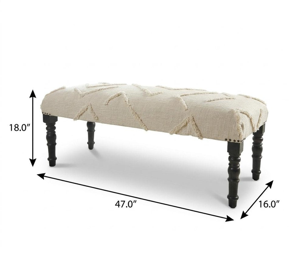 47" Cream and Black Cotton Upholstered Geometric Bench